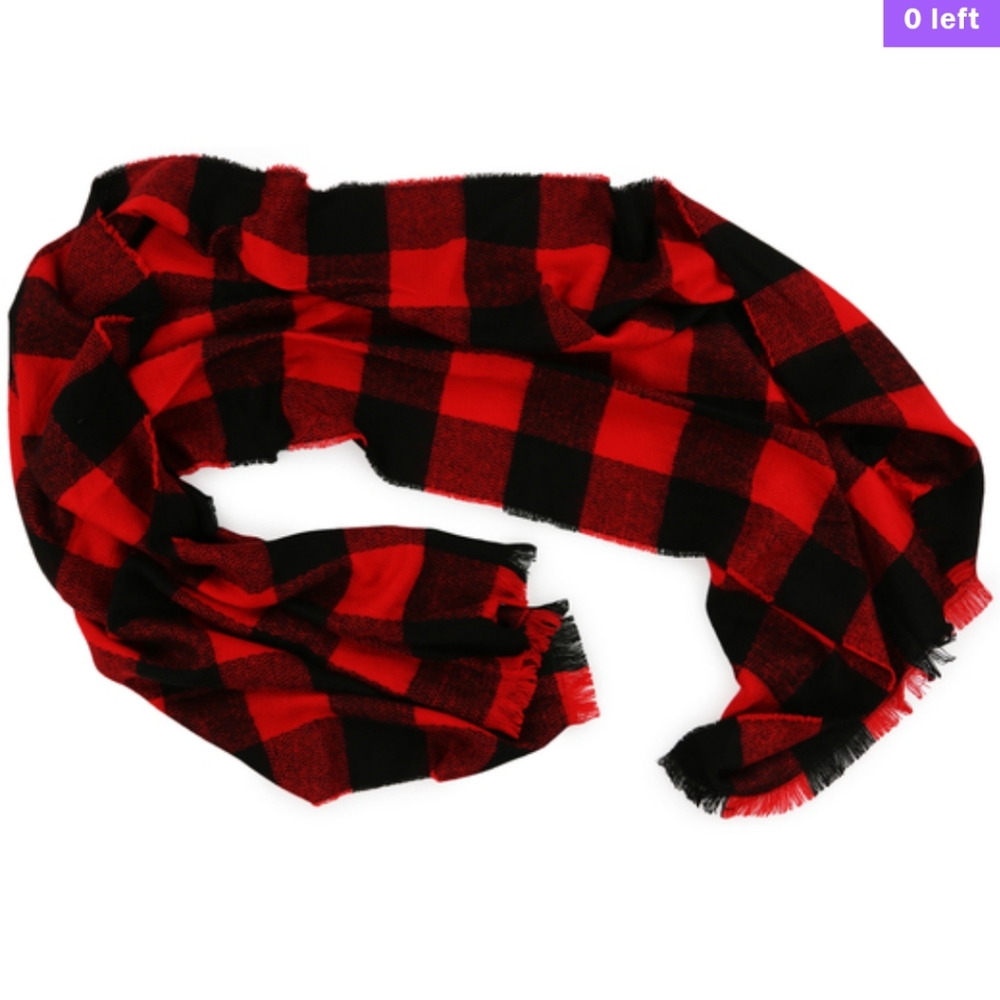Red and Black Buffalo Plaid Flannel Scarf w/ Raw Edges